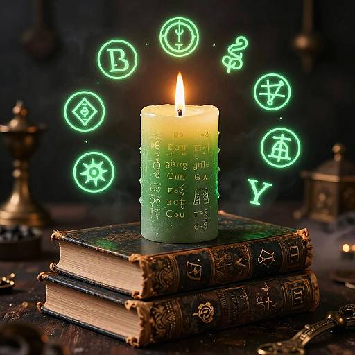 Green Flame Candle on Ancient Spellbooks