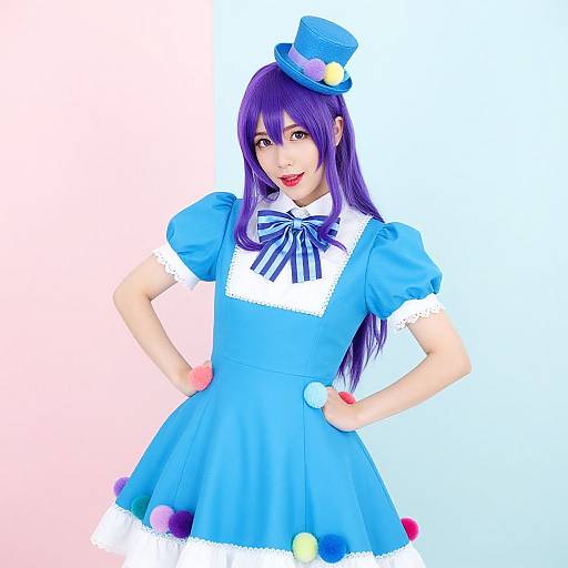 Digital anime-style drawing of a purple-haired woman in a blue, puffed-sleeve dress, top hat with pom-poms, and white collar