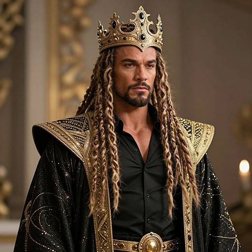 Photograph of a muscular, dark-skinned man with long dreadlocks, wearing a golden crown and black, ornately-embroidered robe,