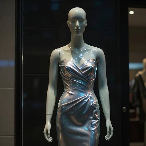 Photograph of a bald, silver mannequin wearing a shiny, metallic silver dress with crisscross details, standing against a dark, glossy background