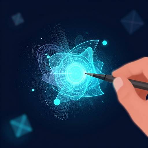 Digital illustration of a glowing blue, intricate, circular hologram created by a hand holding a black pen against a dark blue background.