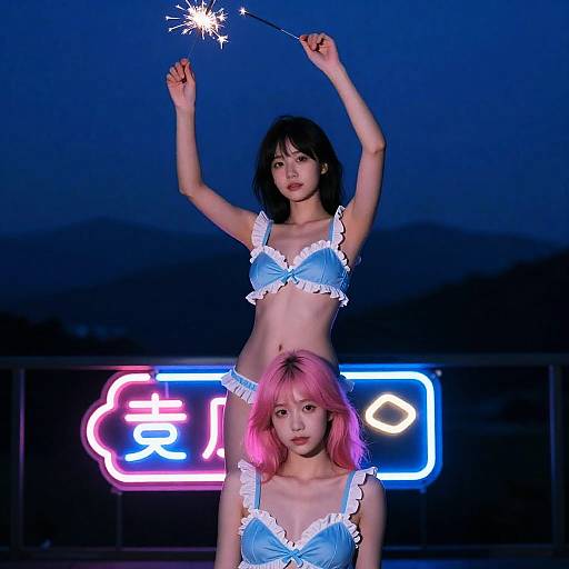 Anime Women in Neon Nightscape