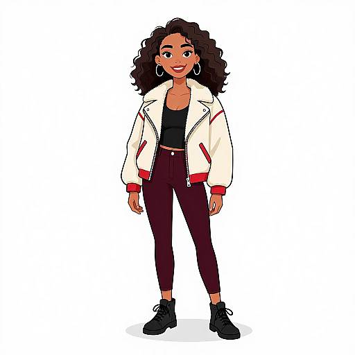Digital illustration of a confident, dark-skinned woman with curly hair, wearing a white jacket, black tank top, red-trimmed pants, and