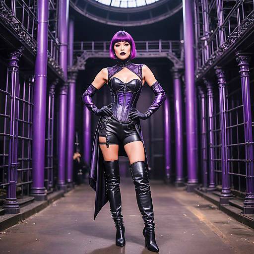 Petite woman in dominatrix leather outfit