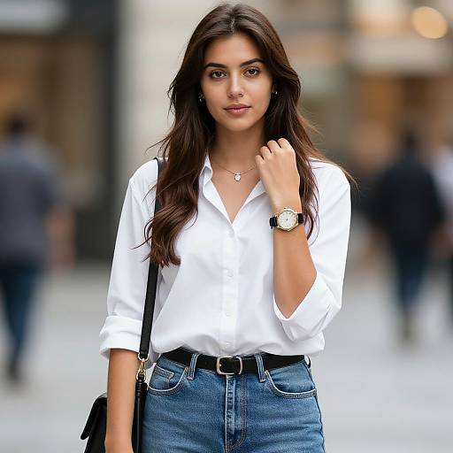 Photograph of a young woman with long brown hair, wearing a white blouse, high-waisted blue jeans, black shoulder bag, and gold watch