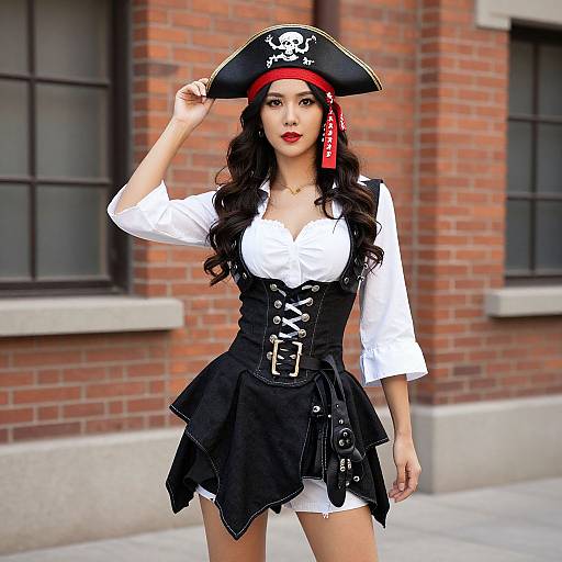 Photograph of a woman in a pirate costume with a black tricorn hat, white shirt, corset, and black skirt, standing in front of