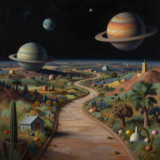 Surreal digital painting of a colorful, fantastical landscape with a winding path, houses, trees, and three large, ringed planets in a