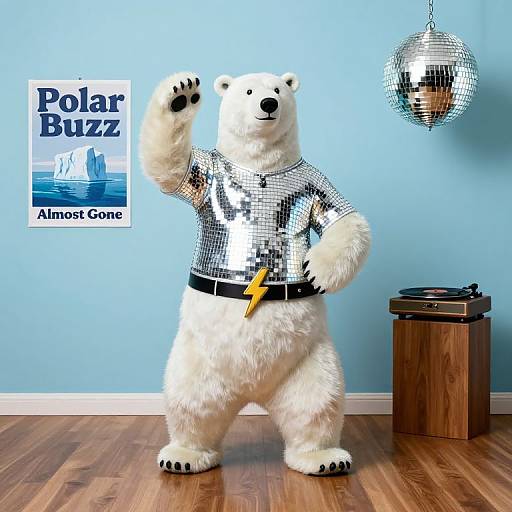 Photograph of a polar bear costume with metallic shirt, yellow lightning belt, and raised paw, next to a disco ball, Alamo Gator poster