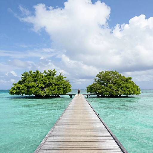 Photograph of a wooden pier extending to two lush, green mangrove trees on turquoise waters under a bright blue sky with white clouds. A solitary figure