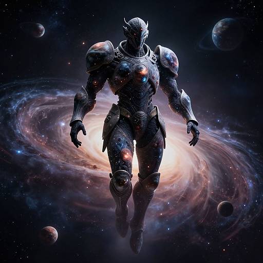 Digital artwork of a muscular, armored space warrior with glowing blue and red lights, standing in front of a swirling galaxy. Dark, star-filled space background