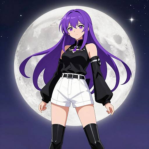 Anime-style digital drawing of a purple-haired girl with purple eyes, wearing a black top, white shorts, black thigh-high boots, and arm sleeves,