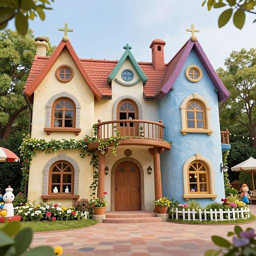 Photograph of a whimsical, fairy-tale-like house with pastel colors, red shingles, arched windows, a small balcony, and