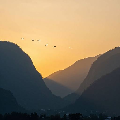 Photograph of a serene sunset over layered, silhouetted mountains with a gradient sky from orange to yellow, and a flock of birds flying in