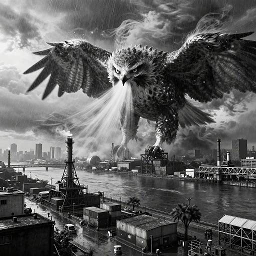 Black-and-white digital art of a massive eagle with outstretched wings soaring over a stormy waterfront city, with skyscrapers and industrial buildings in