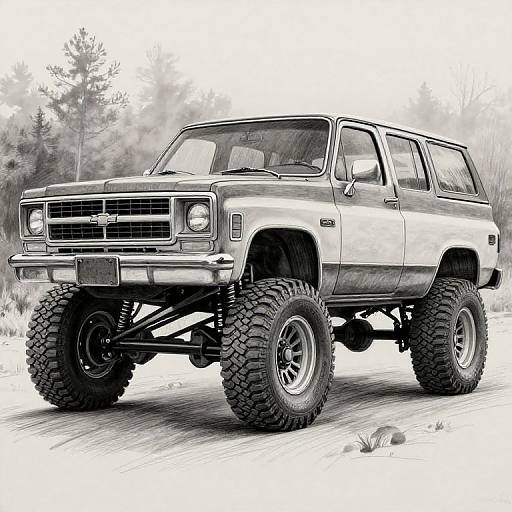 Black-and-white digital drawing of a lifted, off-road, vintage SUV with large tires, rugged suspension, and forest background. Bold lines highlight the vehicle
