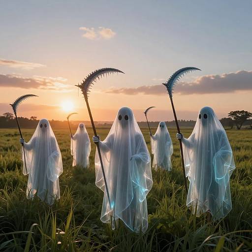 Photograph of five glowing white ghost figures with black eyes, holding scythe-like wands, standing in a grassy field at sunset.