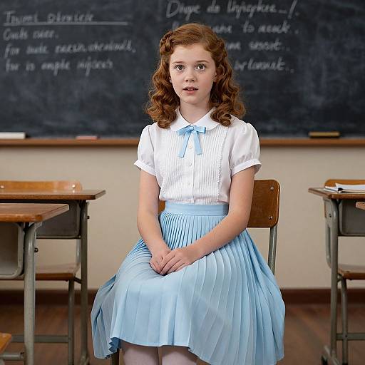 Photograph of a young, fair-skinned girl with curly auburn hair, wearing a white blouse and light blue pleated skirt, sitting in