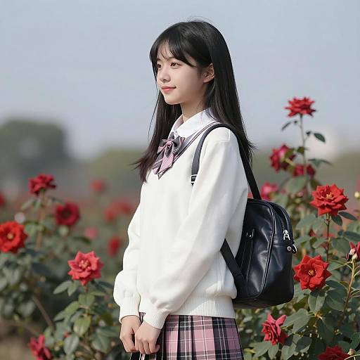 Japanese Schoolgirl in a Flower Garden