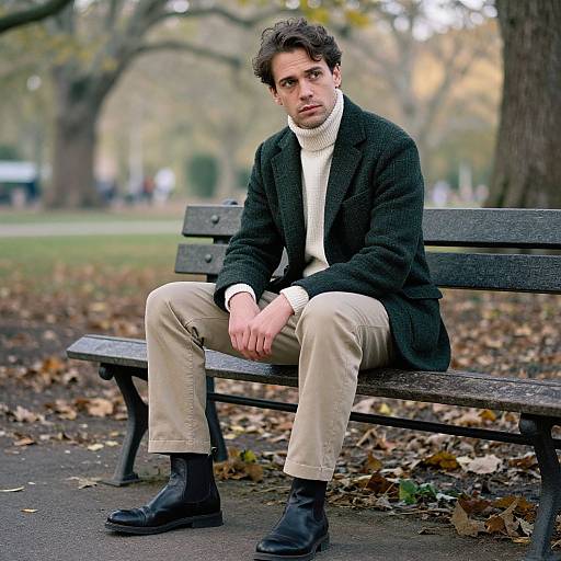 Photograph of a young man with curly brown hair, wearing a black coat, white turtleneck, beige pants, and black boots, sitting on