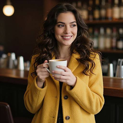 Photograph of a smiling woman with long, wavy brown hair, wearing a yellow wool coat, holding a white coffee cup, standing in a dim