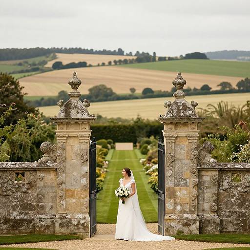 Photograph of a bride in a white gown holding a bouquet, standing in an ornate stone gateway, with a lush garden and rolling countryside in the
