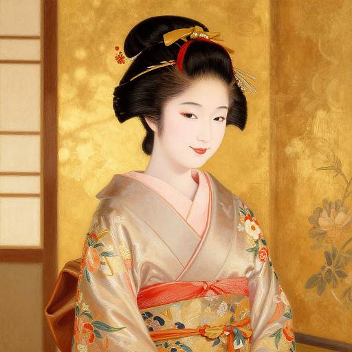 Digital CGI image of a smiling Japanese woman in a silver floral kimono with red obi, black hair styled in an updo, golden wallpaper background