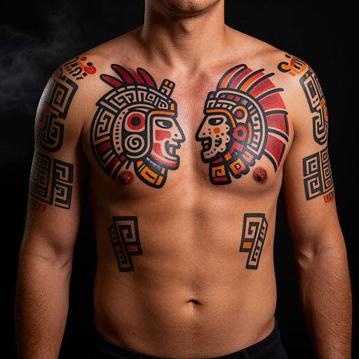 Photograph of a muscular, tan-skinned male with intricate, colorful Aztec warrior tattoos on both shoulders and chest, against a dark background.