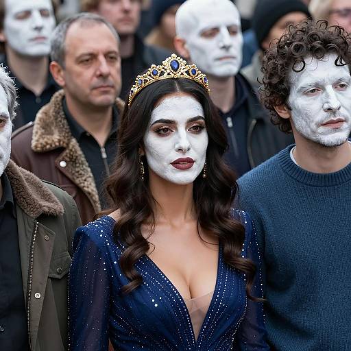 Crowd with White Painted Faces and Woman Wearing Tiara