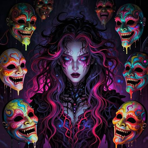 Digital artwork of a pale woman with vibrant pink and black hair, surrounded by glowing, colorful, dripping skulls with sinister grins. Dark, eerie background