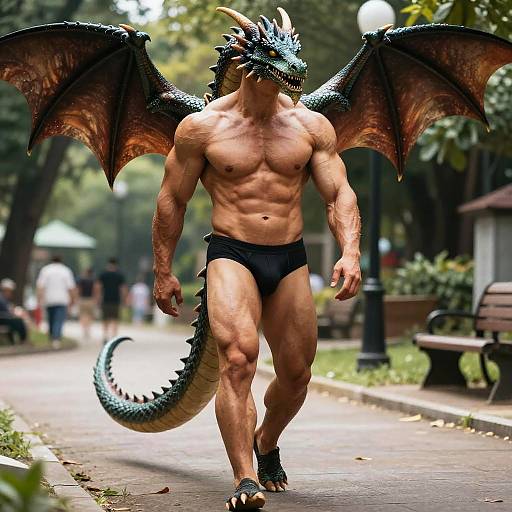 Photorealistic Muscular Anthro Dragon Walking in Park