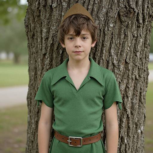 Photograph of a young boy with fair skin, brown hair, wearing a green tunic, brown belt, and brown hat, standing against a tree