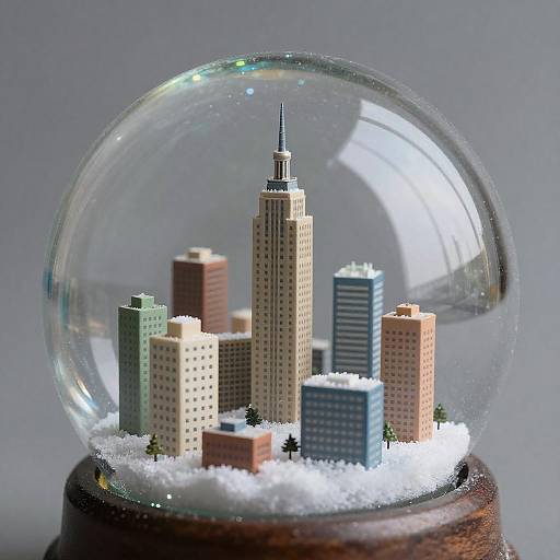 Photograph of a glass snow globe with a miniature cityscape of snow-covered buildings and trees, featuring a tall central skyscraper.