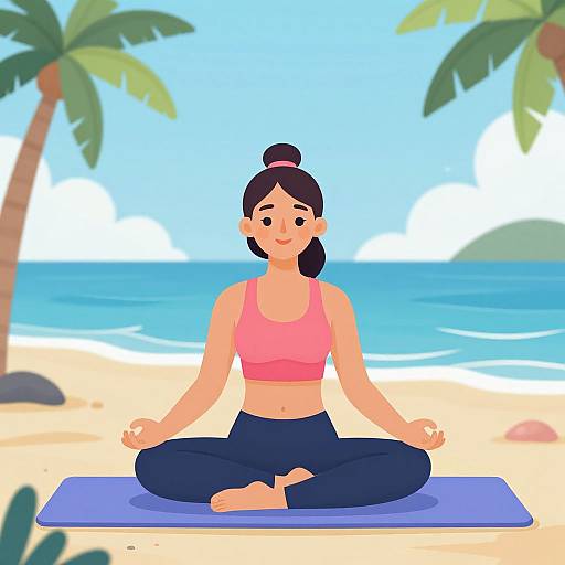 Digital illustration of a smiling woman with dark hair in a bun, wearing a pink sports bra and blue yoga pants, meditating on a beach mat with