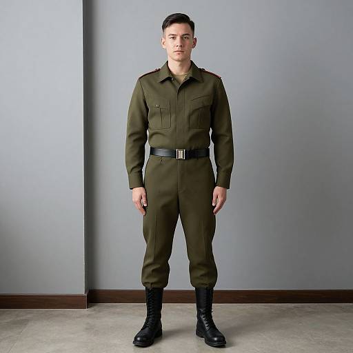 Photograph of a young, fair-skinned man with short black hair, wearing an olive-green military-style jumpsuit, black belt, and black boots