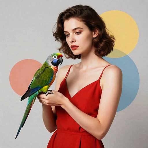 Photograph of a fair-skinned woman with wavy brown hair in a red dress, holding a colorful green, yellow, and blue parrot,