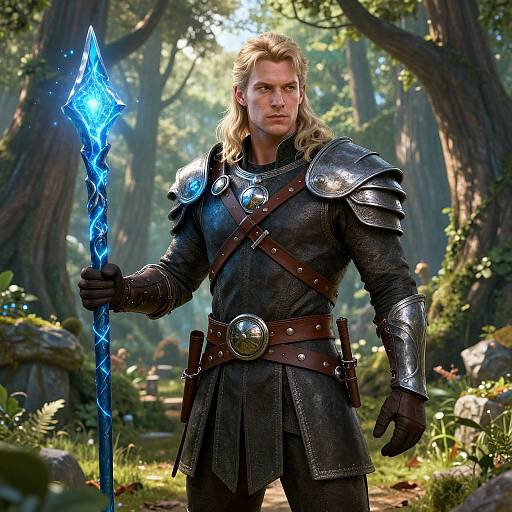 Muscular Blond Warrior in Enchanted Forest