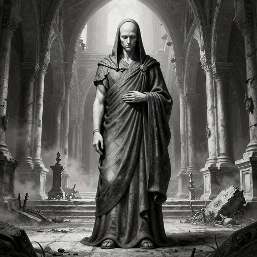 Solemn Monk in Ruined Monastery