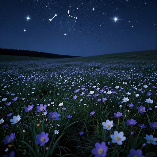 Photograph of a night sky above a field of glowing blue and white flowers, with visible constellations and a dark, starry background.