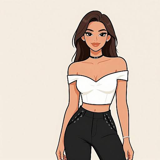 Digital illustration of a confident woman with long brown hair, wearing a white off-shoulder top, black lace-up pants, and a black choker