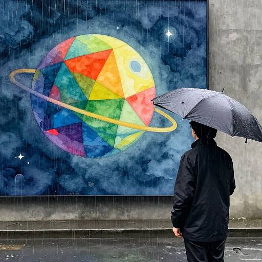 Person Under Umbrella with Watercolor Planet