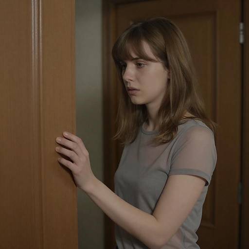 Serious Young Woman by Wooden Door