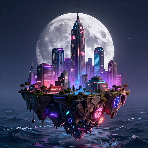 Neon-lit floating cityscape with futuristic skyscrapers, under a glowing full moon, surrounded by dark, wave-touched ocean in a digital