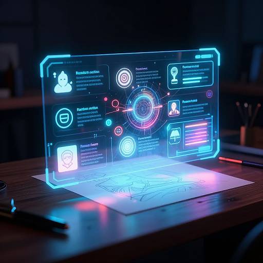 Neon-lit digital interface hologram hovering over a wooden desk, featuring glowing icons, text, and a central circular button in blue and pink hues