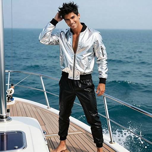 Photograph of a handsome, dark-haired man in a shiny silver jacket and black pants, standing barefoot on a sailboat deck, hand in hair