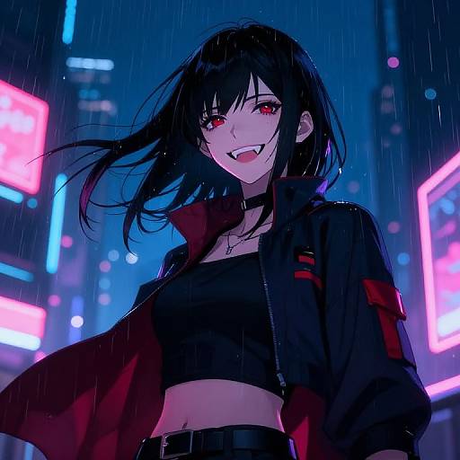 Cyberpunk anime girl with black hair, red eyes, and fangs, wearing a black crop top and jacket, standing in a neon-lit