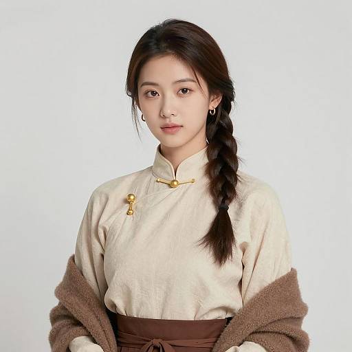 Asian Woman in Beige Traditional Dress