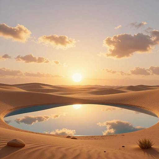 Photograph of a serene desert sunset, featuring rippling sand dunes, a reflective circular waterhole, and a golden sky with scattered clouds.