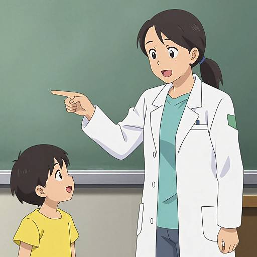 Anime-style drawing of a smiling female teacher in a white lab coat pointing at a young boy in a yellow shirt in a classroom.