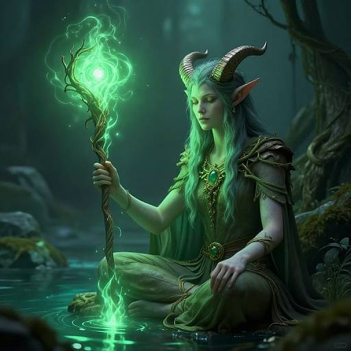 Digital fantasy artwork of a horned, elf-like woman with glowing green hair, sitting in a dark forest pond, holding a green, magical flame-t