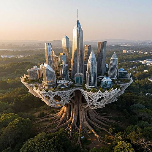 Photorealistic CGI of futuristic, tree-root-supported skyscraper city at sunset, featuring sleek, glass-clad towers amidst lush, green forest.